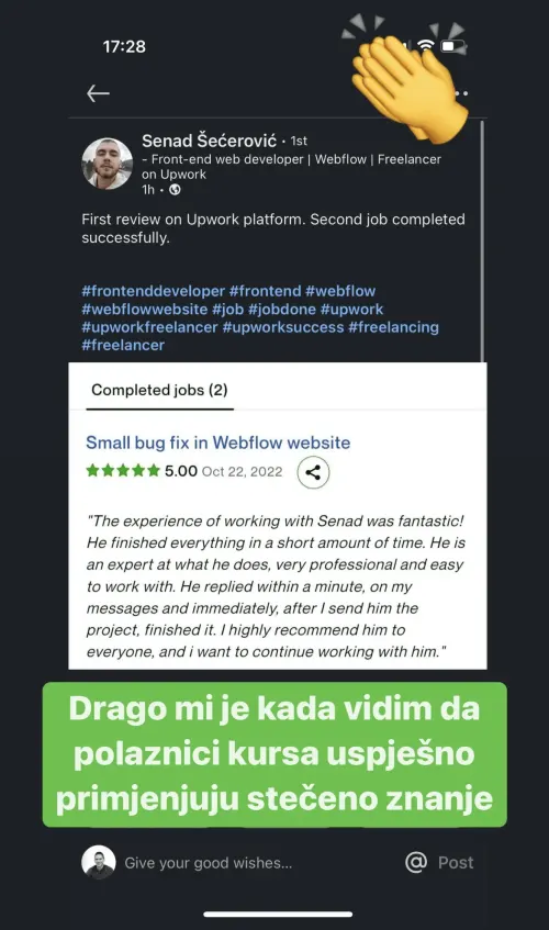 Poruka polaznika Webflow kursa (2)