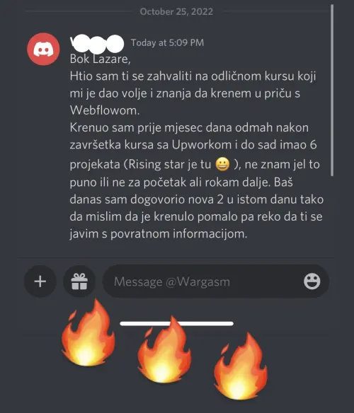 Poruka polaznika Webflow kursa (7)