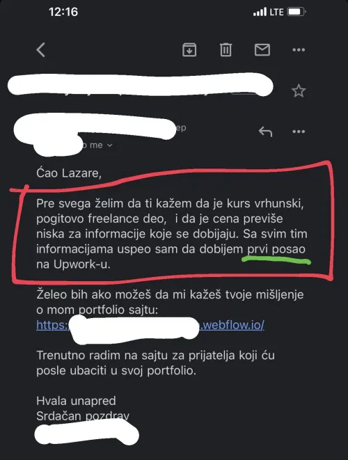 Poruka polaznika Webflow kursa (10)